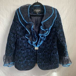Moshita Couture Vintage Blue Ruffle Blazer with Shoulder Pads Size 14